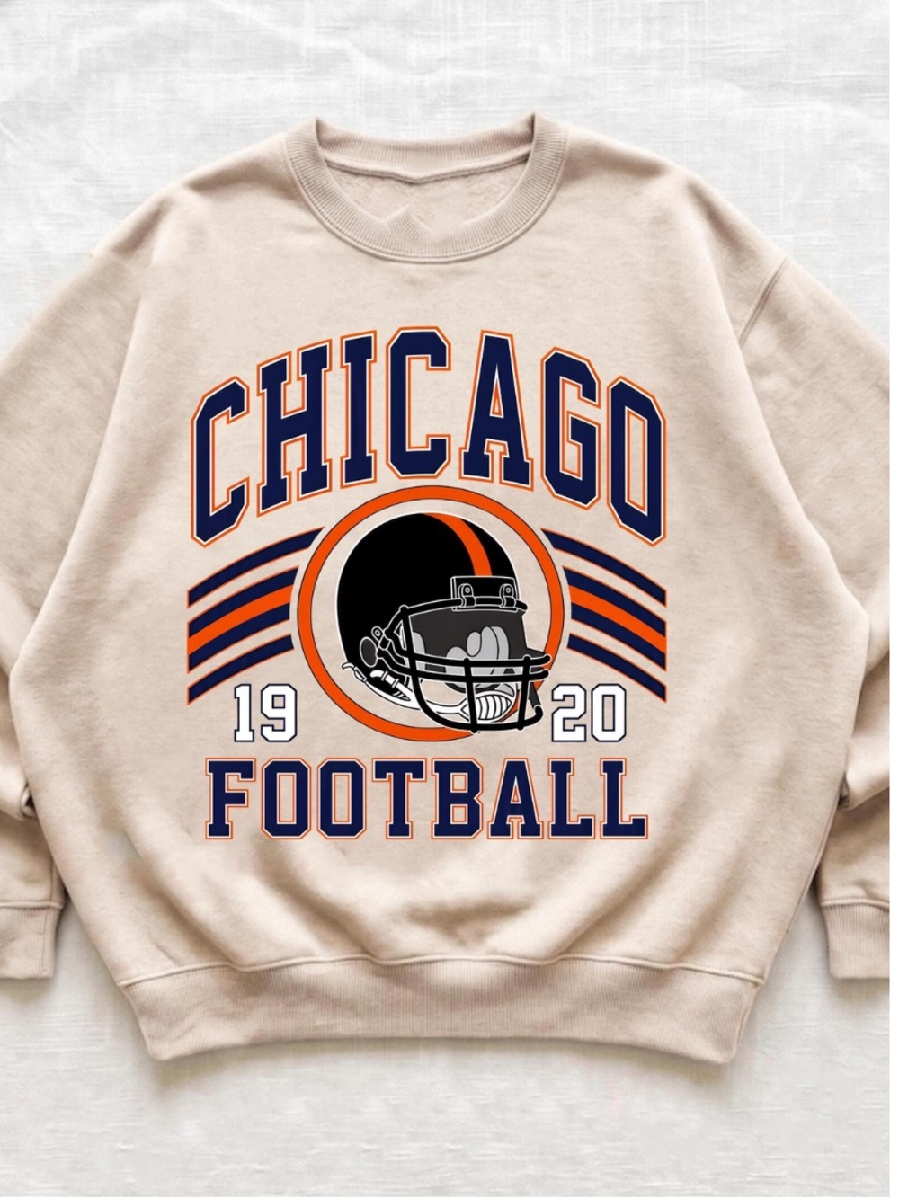 Sand Crewneck Sweatshirt with Navy & Orange Chicago Football Graphic